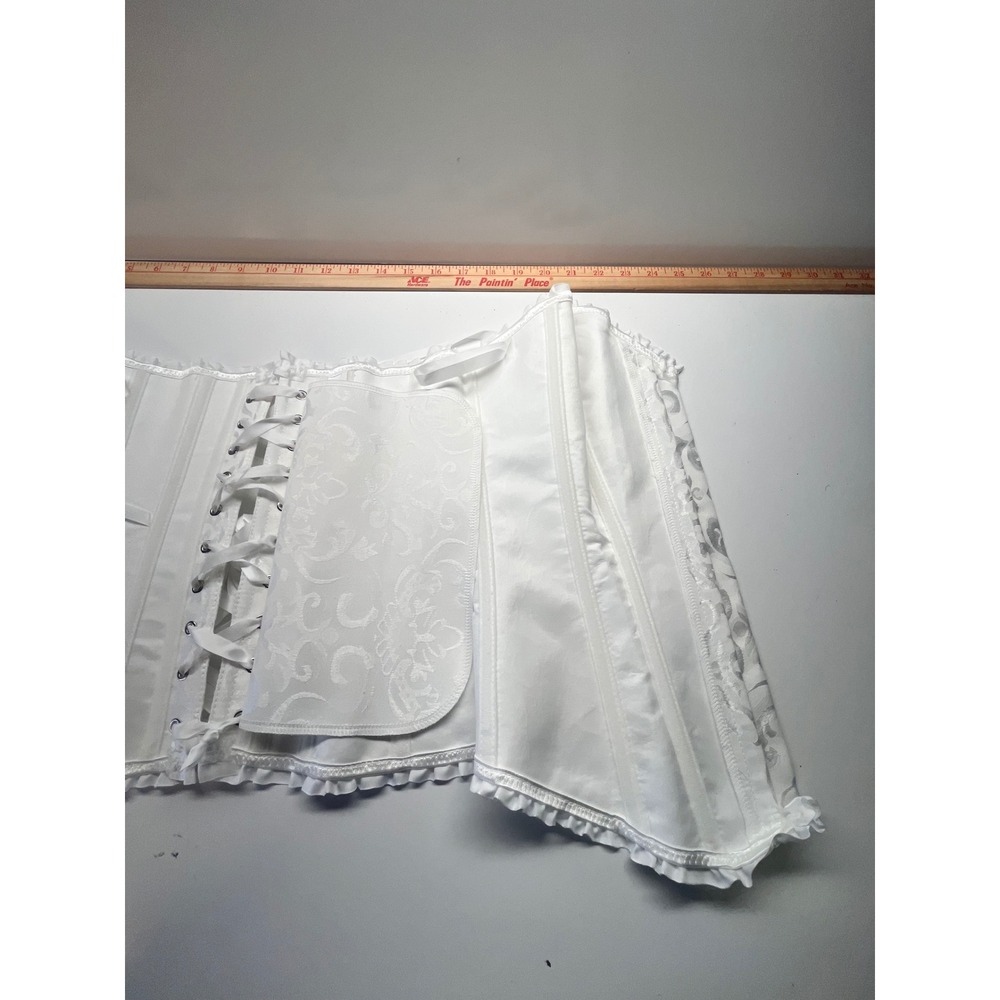 White Brocade Corset Bustier Lace Trim Ribbon Tie Boned Cincher Wtchycore Small - Picture 4 of 7